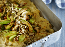 Potato bake with avocado, mushrooms and seeds